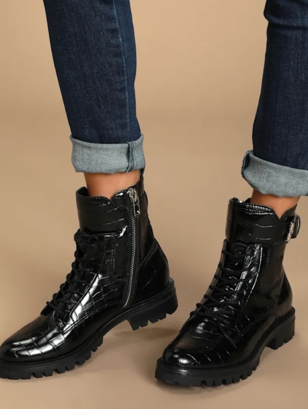 Dolce Vita Black Croc Embossed Combat Boots Women’s Size 8 Lug Sole Buckle...